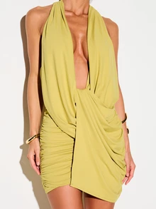 KIZN Slinky Drape Halter Mini Dress With Deep Plunge Neckline Open Back And Ruched Skirt Summer Party - Mustard Yellow - View 5
