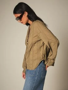 KSTM Schiffli Embroidered Button-Up Shirt With Notch Neck Long Sleeve Boho Style Cotton Blouse Vacation Khaki - Green - View 4