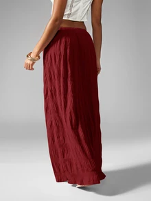 MISSGUIDED Crinkle Maxi Skirt With Elastic Drawstring Waist Flowy Tiered Bohemian Floor Length Style - Red - View 2