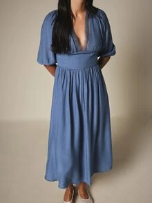 KSTM Deep Plunge V-Neck Puff Sleeve Open Back Midi Dress With Lace Trim And Smocked Waist Summer Wedding Vacation Guest Dusty Blue Elegant - Blue - View 5
