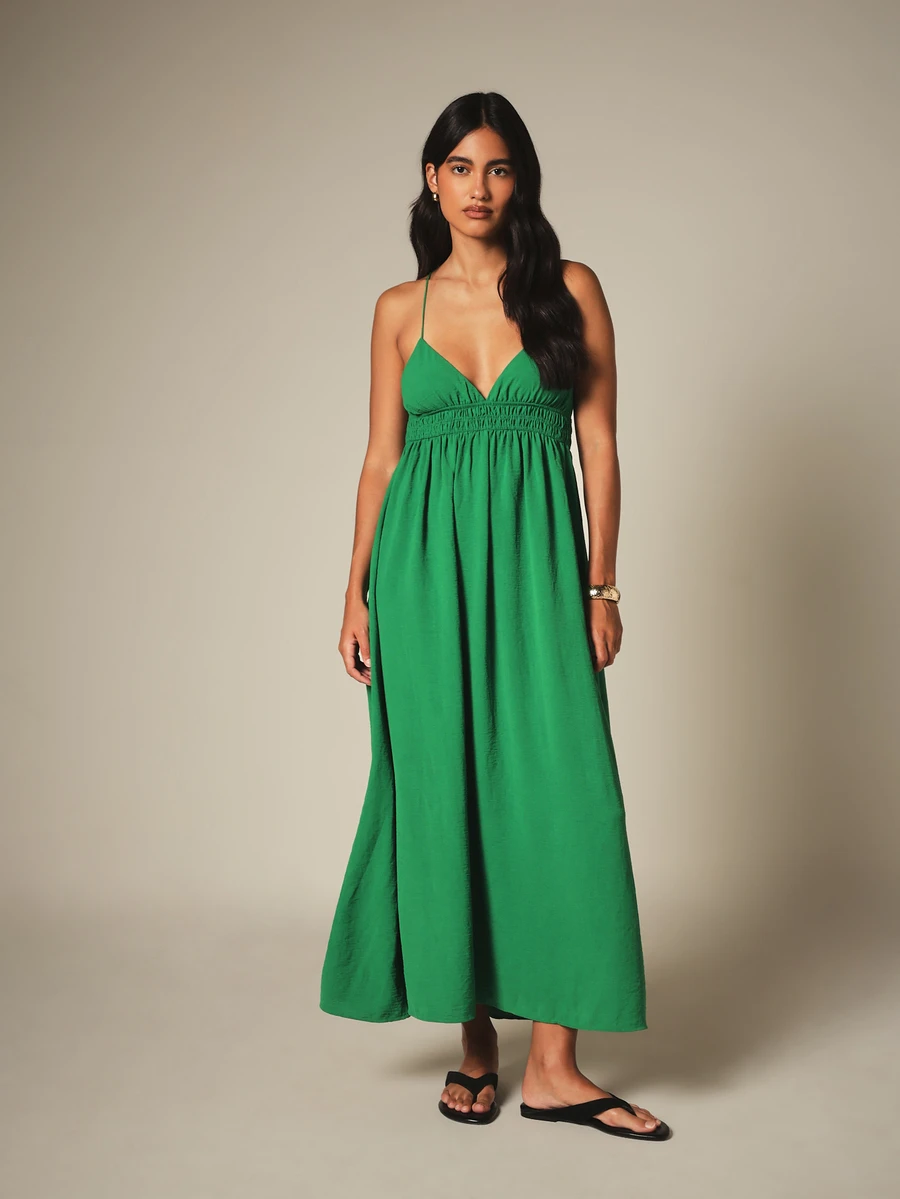 KSTM Strappy Open Back Smocked Waist Midi Dress With Deep V-Neck Summer Vacation Flowy Maxi Skirt Style - Green - View 1