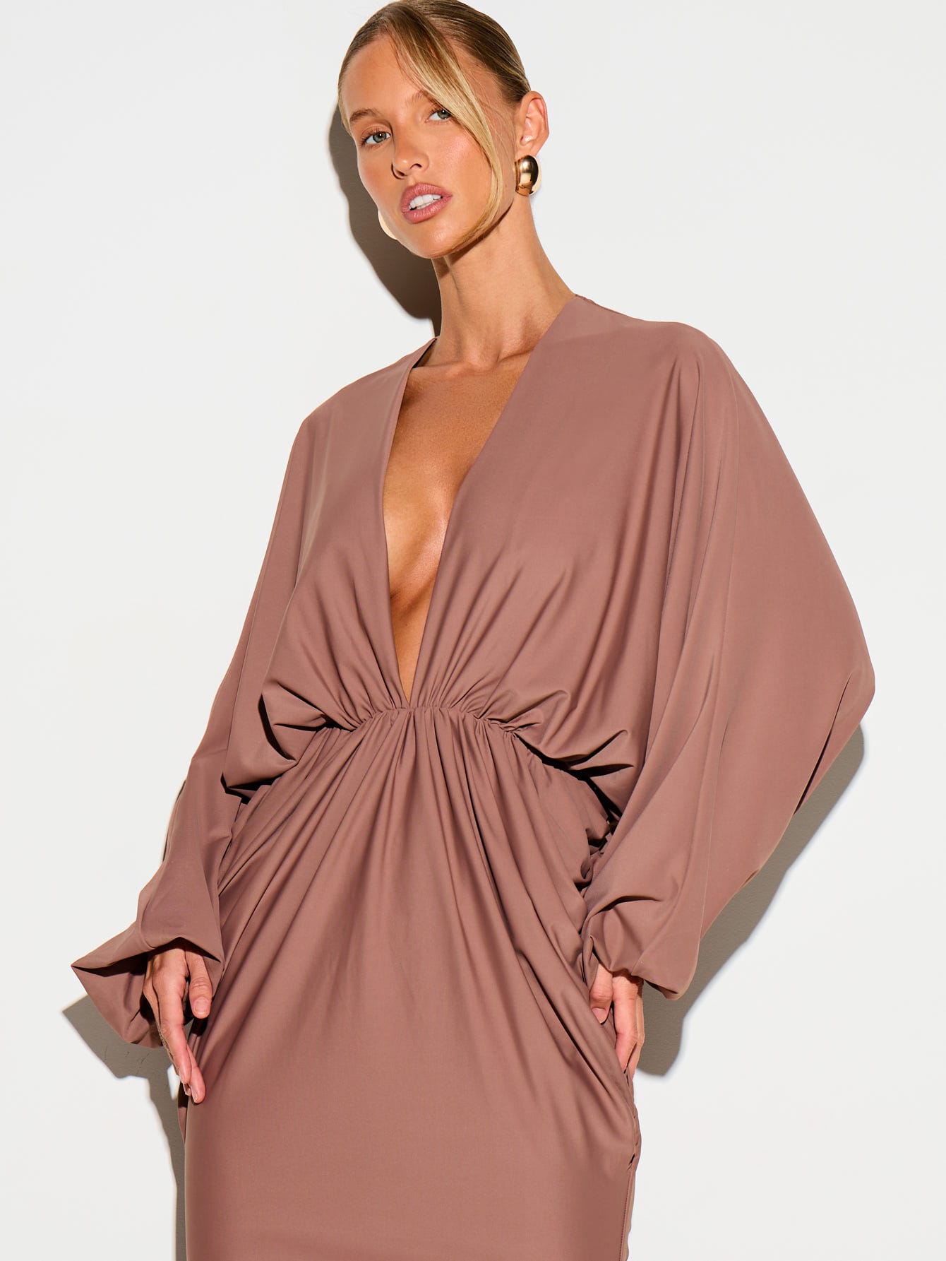KIZN Plunge Neck Batwing Sleeve Maxi Dress