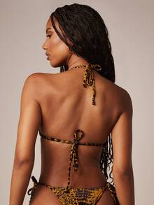MISSGUIDED Triangle Halter Bikini Set With Side-Tie Bottoms In Leopard Print For Beach Summer Vacation - Yellow - View 2