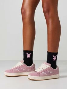Missguided x Playboy Bunny Logo Crew Socks Ribbed Knit Cuff Iconic Graphic Statement Everyday Casual Sock - Black and pink - View 3