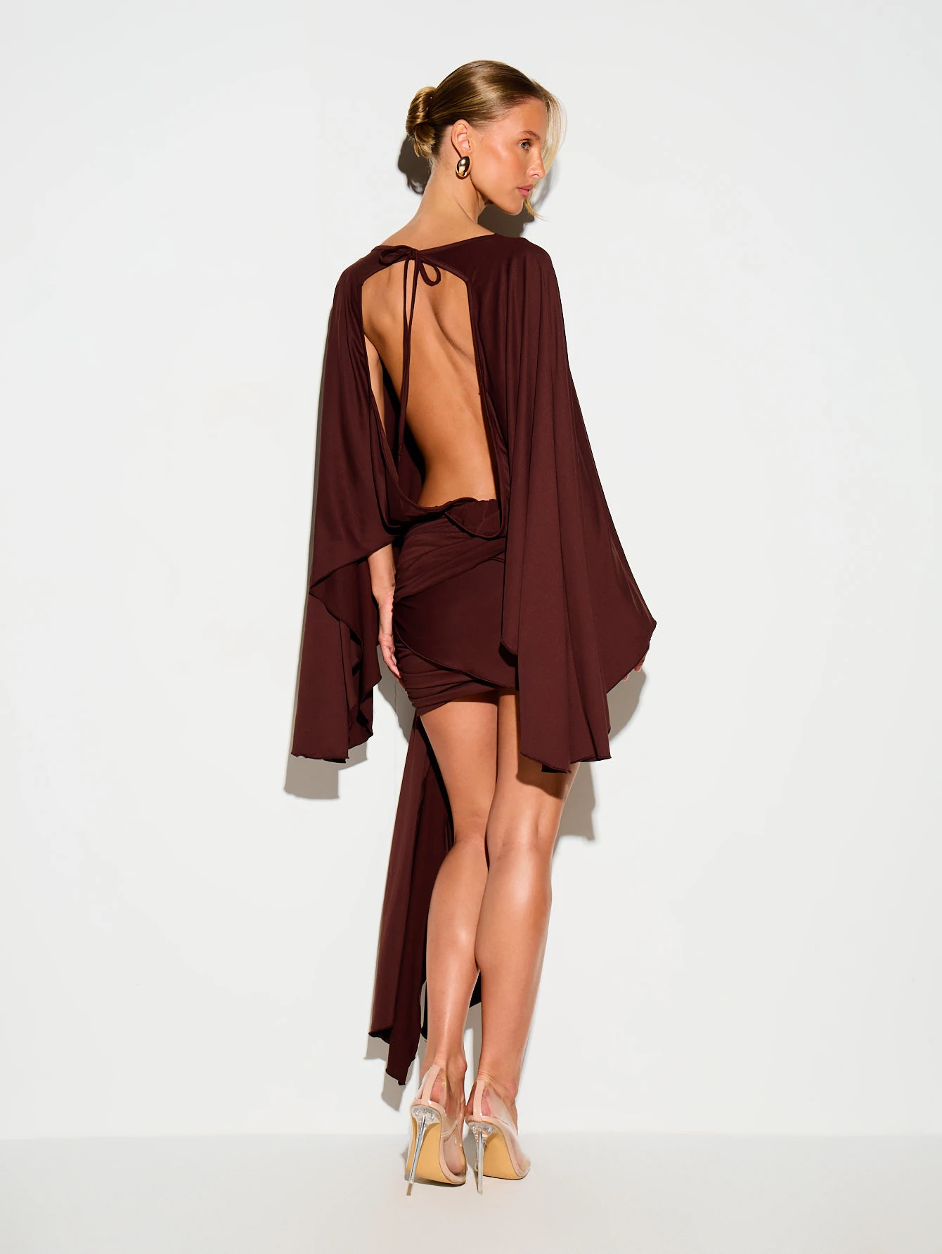 KIZN Ruched Mini Dress With Drape Cape Sleeves