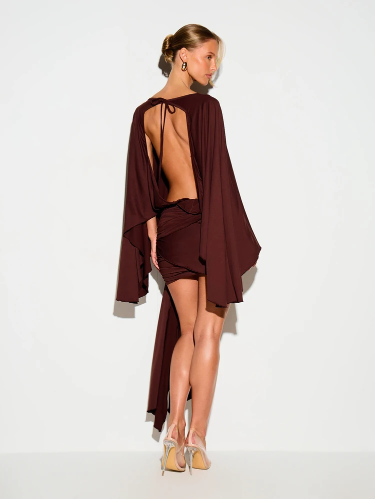 KIZN Ruched Mini Dress With Drape Cape Sleeves