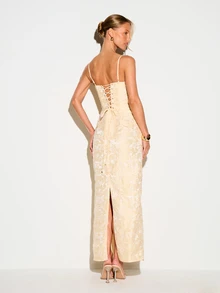 KIZN Floral Jacquard Corseted Lace-Up Back Maxi Dress With Spaghetti Straps Square Neck And Back Slit Evening Gown - Apricot - View 3