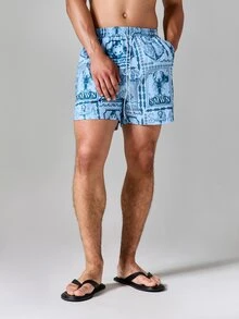 Badbyxor med maritim stämpeltryck och avslappnad passform, dragsko i midjan, sommarshorts för strand och fest - Babyblå - Visa 1
