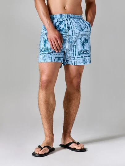 SUMWON Nautical Stamp Print Relaxed Fit Swim Trunks With Drawstring Waist Summer Beach Holiday Shorts