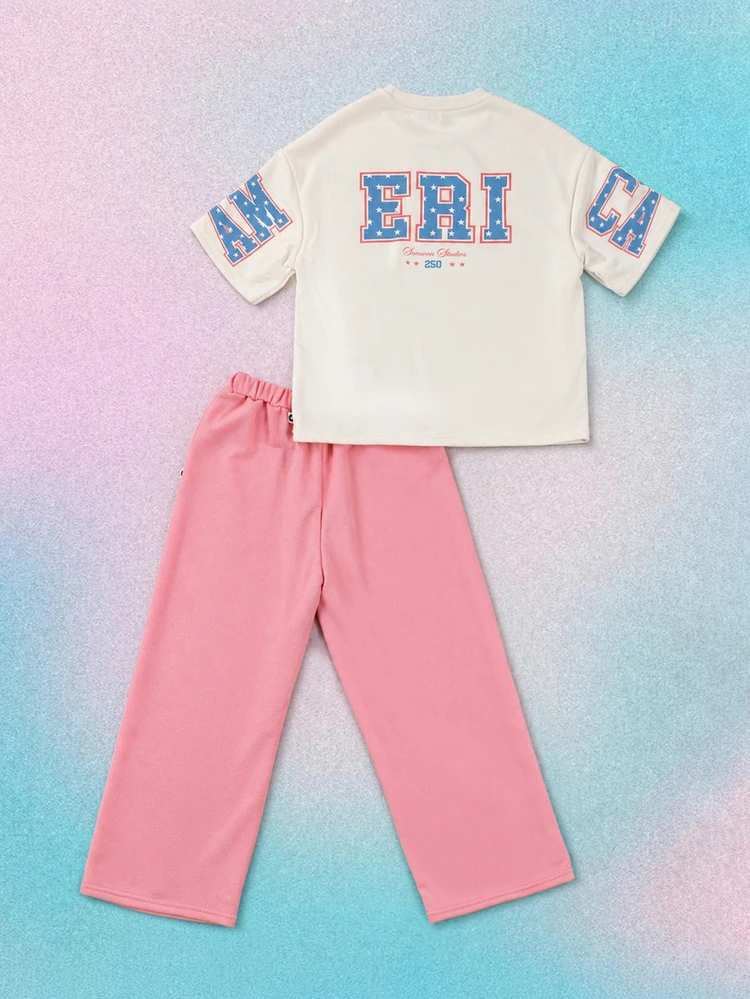 Tween Girls Varsity Americana Graphic Tee And Wide-Leg Trouser Co-Ord Set With Star Print
