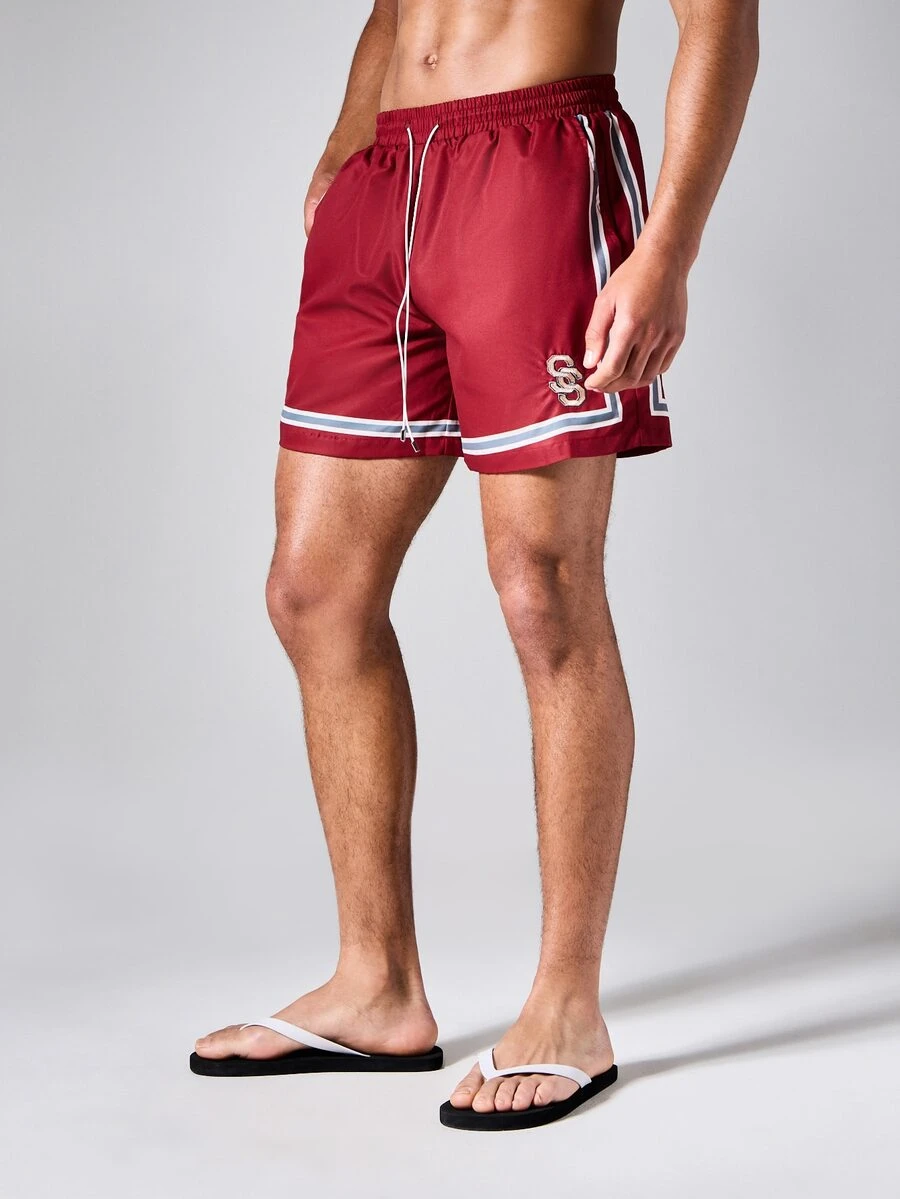 SUMWON Pantalones cortos de playa con bajo curvo, con detalles de rayas inspirados en el baloncesto y logotipo bordado, pantalones de baño de verano - Burdeos - Ver 1