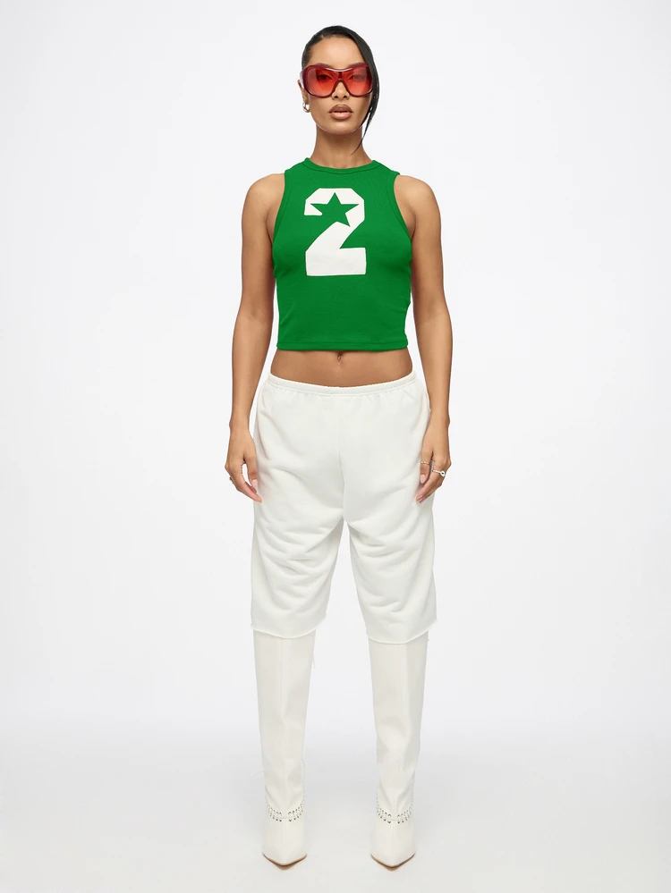 SUMWON WOMEN Graphic Number 2 Star Applique Ribbed Crop Racer Vest Sleeveless Cropped Tank Top Summer Festival