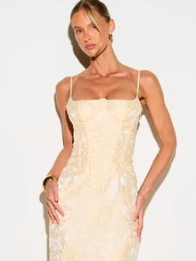 KIZN Floral Jacquard Corseted Lace-Up Back Maxi Dress With Spaghetti Straps Square Neck And Back Slit Evening Gown - Apricot - View 5