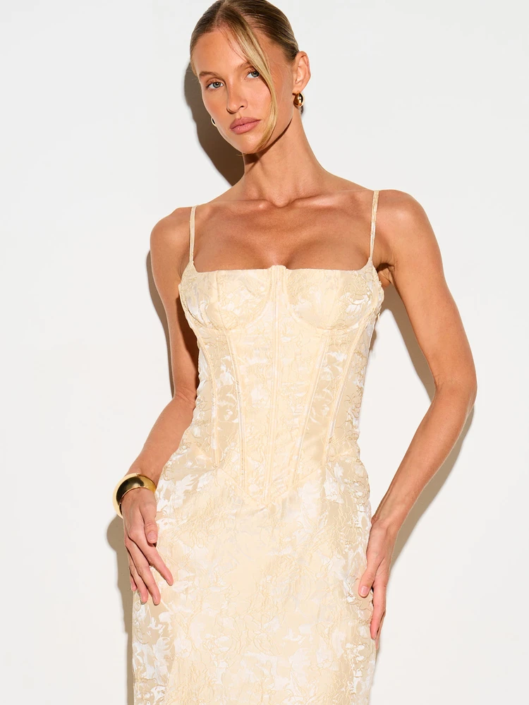KIZN Floral Jacquard Corseted Maxi Dress With Lace-Up Back
