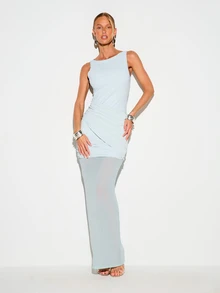 Sleeveless Boat Neck Ruched Bodycon Maxi Dress With Mesh Overlay Skirt Evening Party Summer - Blue - View 1