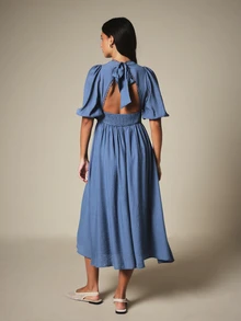 KSTM Deep Plunge V-Neck Puff Sleeve Open Back Midi Dress With Lace Trim And Smocked Waist Summer Wedding Vacation Guest Dusty Blue Elegant - Blue - View 2