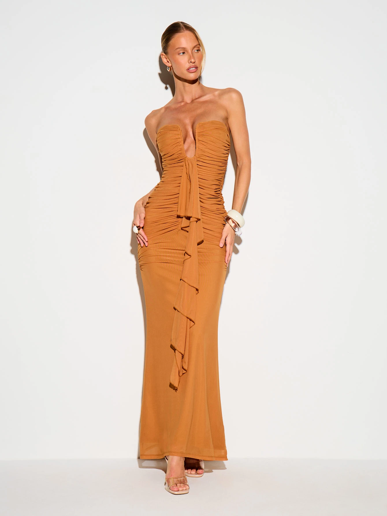 KIZN Strapless Ruched Bandeau Maxi Dress With Tie Detail