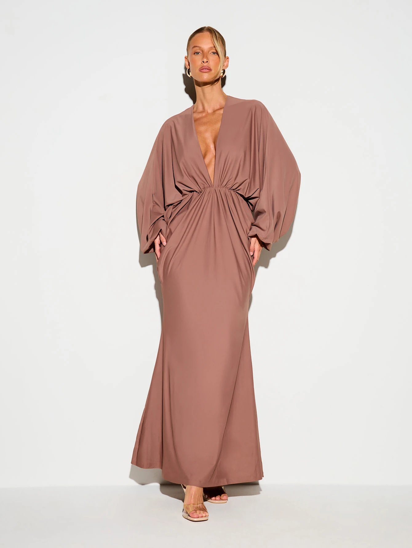 KIZN Plunge Neck Batwing Sleeve Maxi Dress