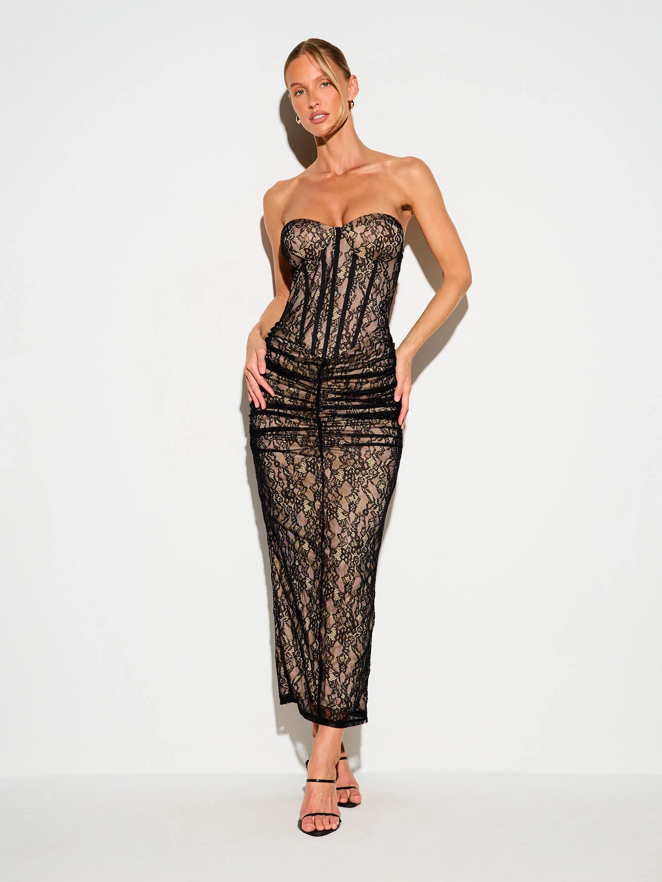 KIZN Strapless Lace Corset Dress With Ruched Skirt