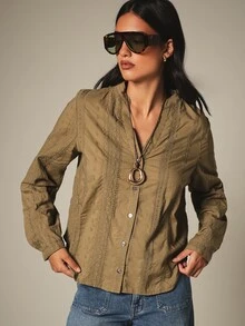 KSTM Schiffli Embroidered Button-Up Shirt With Notch Neck Long Sleeve Boho Style Cotton Blouse Vacation Khaki - Green - View 1