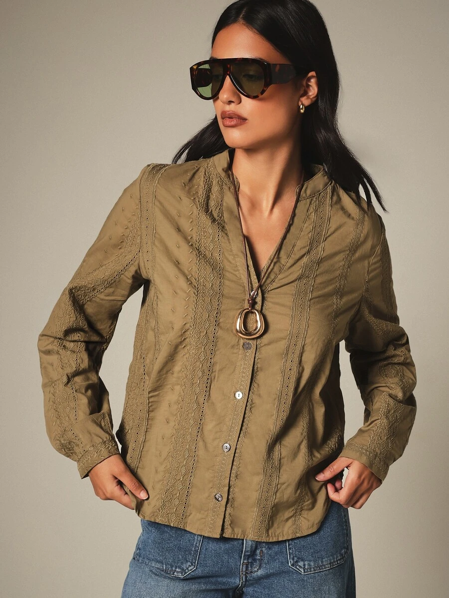 KSTM Schiffli Embroidered Button-Up Shirt With Notch Neck Long Sleeve Boho Style Cotton Blouse Vacation Khaki - Green - View 1