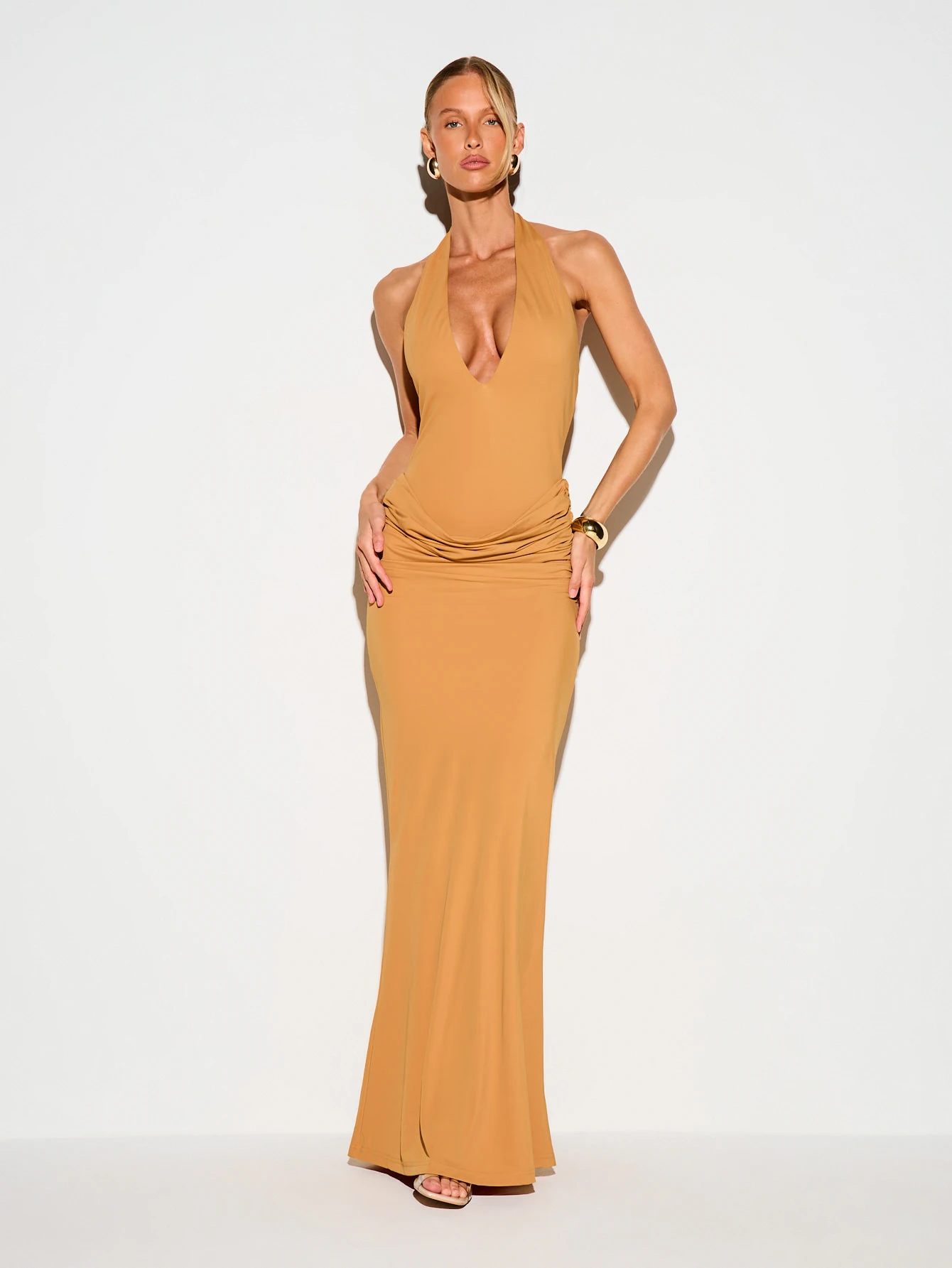 KIZN Halter Neck Plunge Front Ruched Maxi Dress