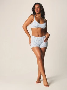 MISSGUIDED Striped Bow Print Bralette And Boy Short Brief Lingerie Set With Lace Trim Detail - Blue - View 4