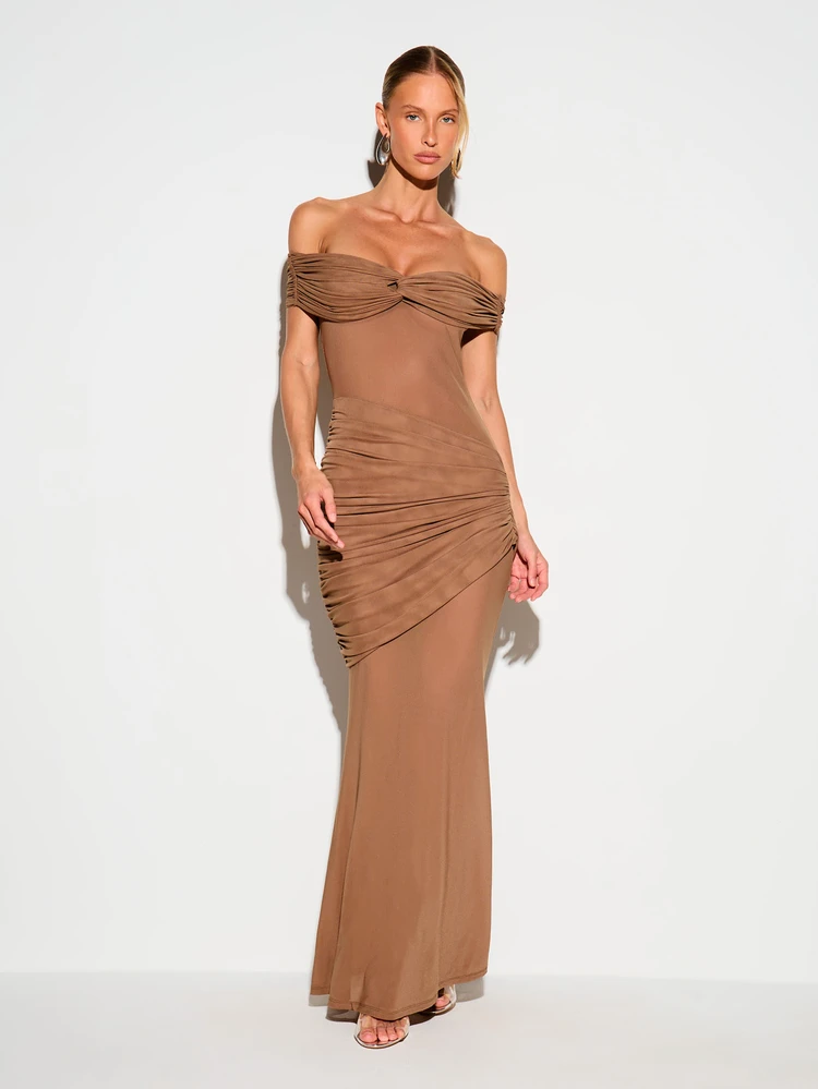 KIZN Off-Shoulder Twist Bardot Ruched Maxi Dress