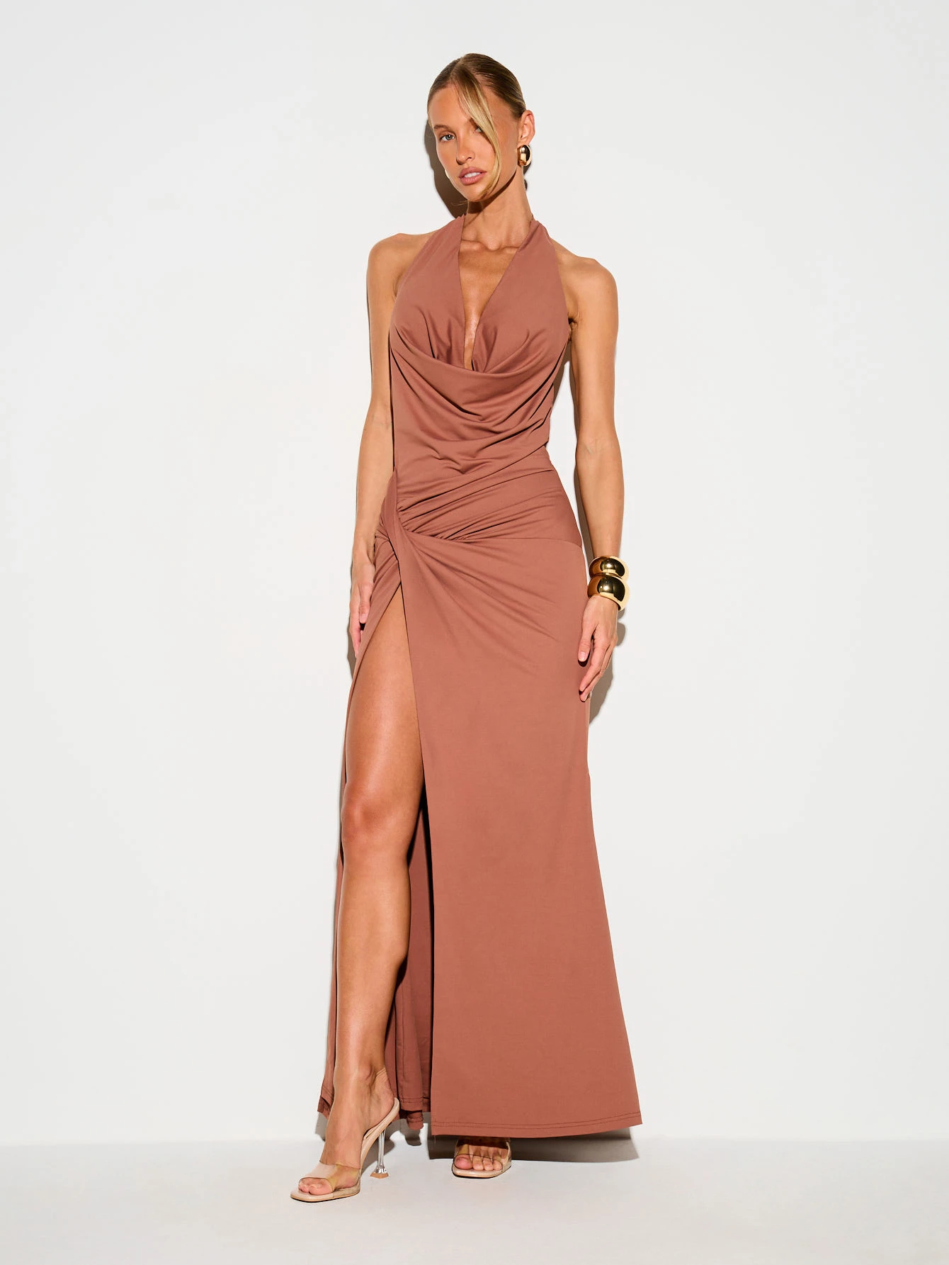 KIZN Halter Cowl Neck Twist Drape Maxi Dress