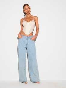 KIZN Ruched Mesh Insert Corset Crop Top With Sweetheart Neckline And Lace-Up Back Detail Night Out Date Night White Summer Sexy - Apricot - View 3