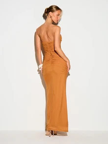 KIZN Strapless U-Bar Ruched Bandeau Maxi Dress With Front Tie Detail And Bodycon Silhouette For Evening And Party - Brown - View 3