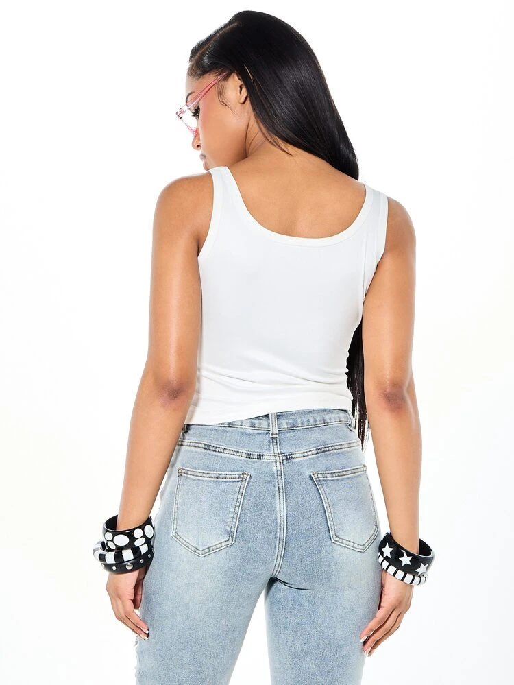 SUMWON WOMEN Scoop Neck Sleeveless Crop Tank Top With Varsity Collegiate Chest Text Print Summer Casual Style