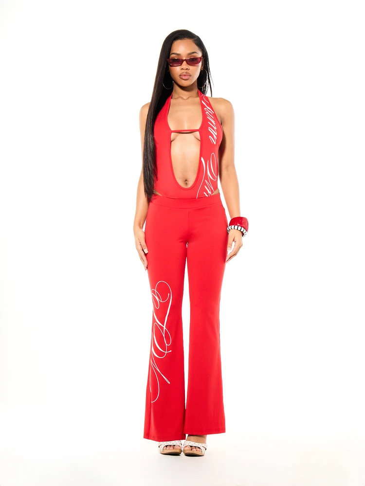 SUMWON WOMEN Halter Neck Plunge Cut-Out Full Length Jumpsuit With Cursive Script Print And Flared Leg Party Night Out