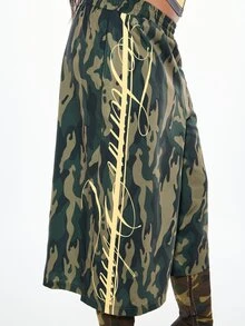 SUMWON WOMEN Quần culottes ống rộng in họa tiết rằn ri, có sọc bên hông, cạp chun, kiểu dáng thường ngày cho mùa hè. - xanh quân đội - Xem 6