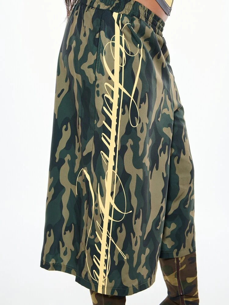 SUMWON WOMEN Camouflage Print Wide Leg Culottes With Side Stripe Detail Elastic Waist Casual Summer Trousers