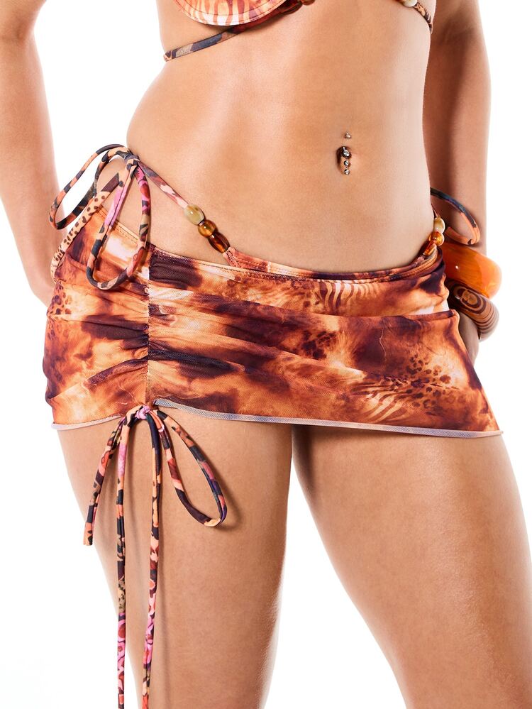 SUMWON WOMEN Tropical Animal Print Mini Skirt Cover-Up With Side Tie Detail And Ruching For Beach Summer Vacation