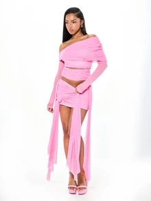 SUMWON WOMEN Mesh Off-Shoulder Ruched Long Sleeve Crop Top With Cut-Out Detail For Night Out And Party - Pink - View 6