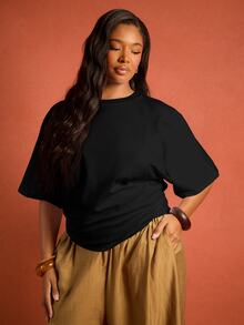 FASHION SZN 大码女士100%纯棉休闲圆领收腰T恤 白色宽松版型 夏季日常基本款 适合度假、机场旅行、城市短途旅行 时尚优雅 舒适 - 黑色 - 查看 4