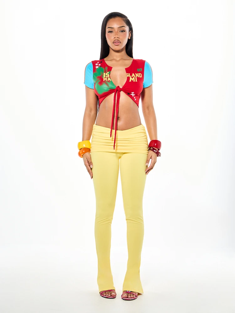 SUMWON WOMEN Island Miami Color Block Tie-Front Crop Top With Number Print And Star Detail Short Sleeve Festival Style
