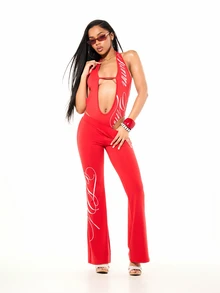SUMWON WOMEN Pantalones casuales de cintura alta con pierna acampanada, estampado gráfico de texto y diseño de logotipo cursivo de longitud completa - Rojo - Ver 5