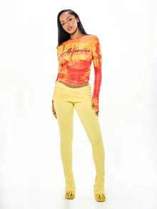 SUMWON WOMEN Top court à manches longues en maille avec motif graphique de paysage de Miami, manches avec trou pour le pouce et encolure ronde - Multicolore - Voir 6