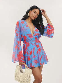 Dancing Leopard Blaues Minikleid mit tiefem Ausschnitt, fließenden Ärmeln und Godet-Saum, Sommeroutfit für Damen, Urlaubskleid, Partykleid für Damen, Ausgehkleid, Date-Night-Kleid - Blau - Übersicht 4
