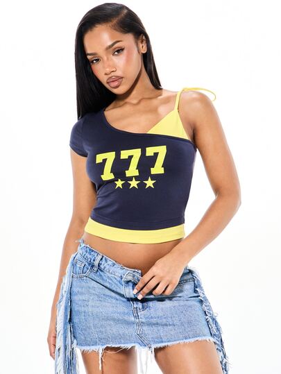 SUMWON WOMEN 777 Star Graphic Print One-Shoulder Tie Detail Crop Top With Contrast Color Block Trim
