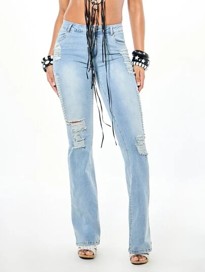 SUMWON WOMEN Distressed Low Rise Flare Jeans With Side Rip Details, Button Pocket, Light Wash Denim, Vintage Inspired
