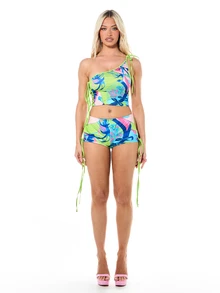 SUMWON WOMEN Pantalones cortos con estampado gráfico abstracto, con detalle de corte y lazo lateral, pantalones cortos de verano para festivales - Multicolor - Ver 4