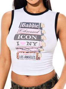 SUMWON WOMEN Áo croptop không tay in họa tiết với viền tương phản, cổ tròn, phong cách cá tính Los Angeles mùa hè. - trắng - Xem 6