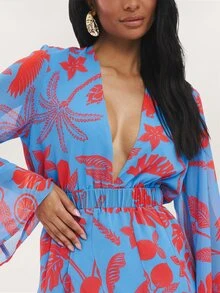 Dancing Leopard Blaues Minikleid mit tiefem Ausschnitt, fließenden Ärmeln und Godet-Saum, Sommeroutfit für Damen, Urlaubskleid, Partykleid für Damen, Ausgehkleid, Date-Night-Kleid - Blau - Übersicht 3