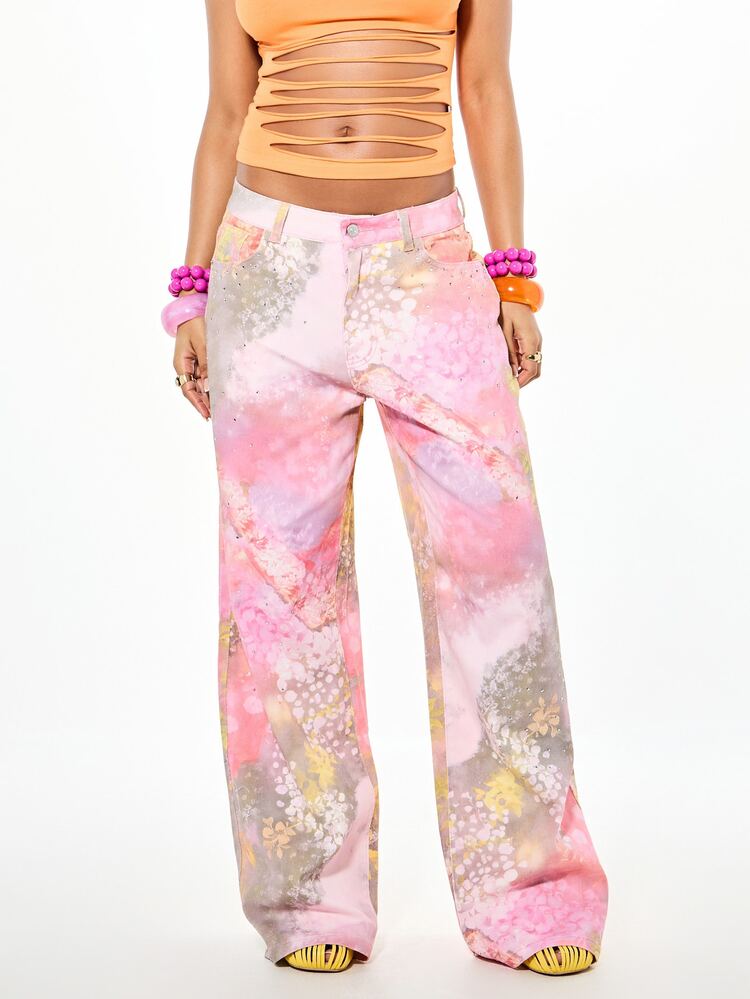 SUMWON WOMEN Jeans vintage à jambe large imprimé, taille basse, jambe droite, imprimé floral aquarelle sur tout le pantalon, pantalon de festival