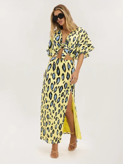 Dancing Leopard Vestido midi con lazo frontal multicolor Haven, atuendos de verano para mujer, vestido de invitada de boda, vestido de vacaciones, vestido de mujer para fiesta en el jardín, vestido para cita nocturna, vestido de noche