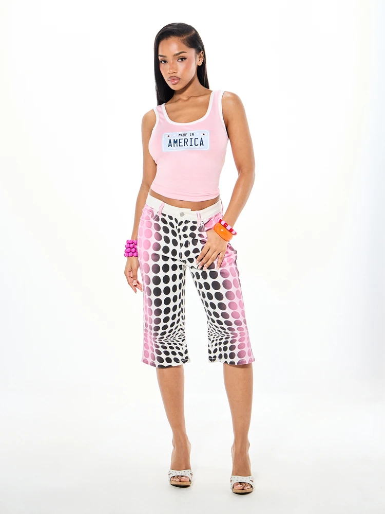 SUMWON WOMEN In Amerika hergestelltes Lizenzplattengrafik Crop Tank Top mit Rundhalsausschnitt und ärmelloses Sommerfestvival Patriotischer Stil